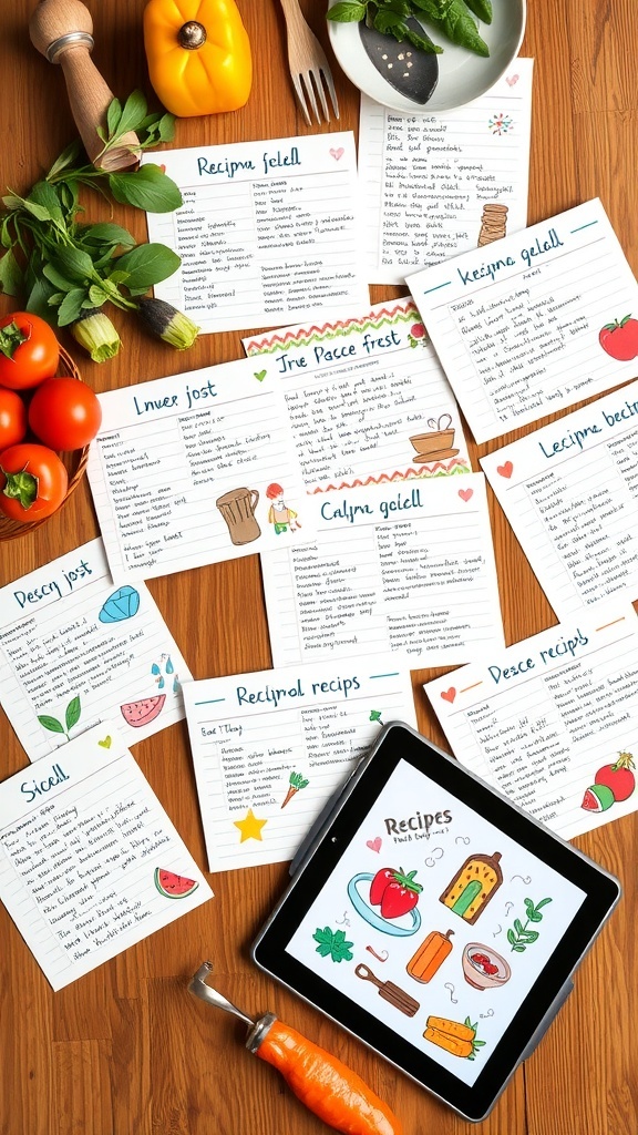 A variety of creatively designed recipe cards on a wooden table with cooking utensils.